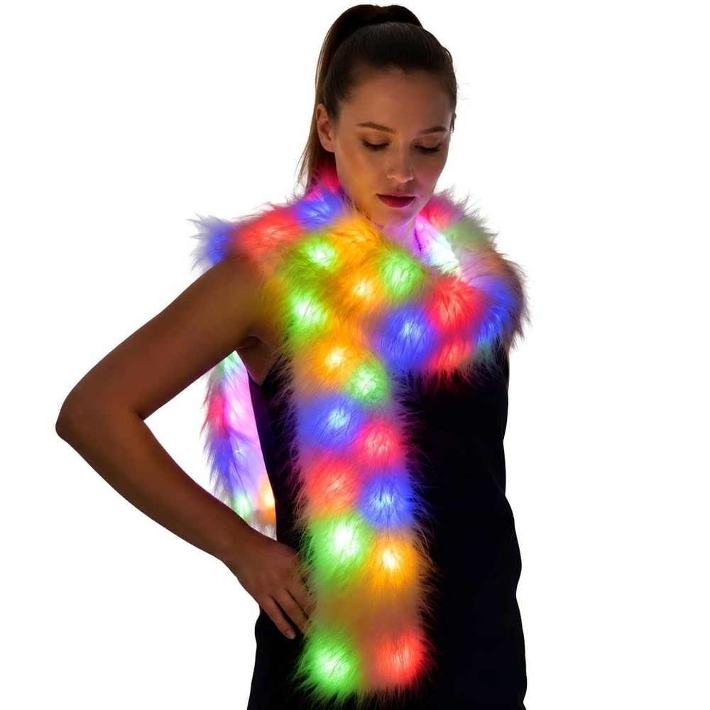NWOT LED Light Up White Faux Fur Scarf Multicolor Glowing Party Rave